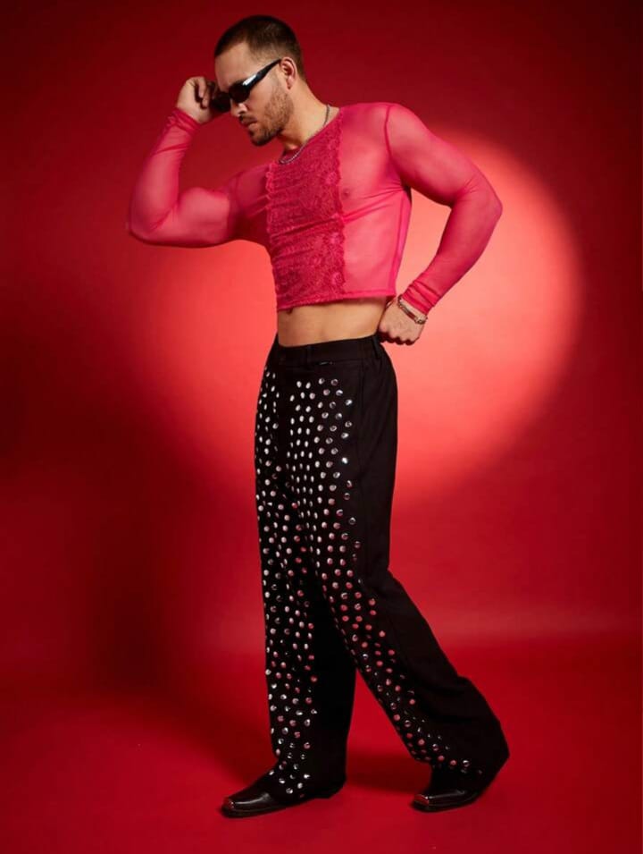 Men's Lace Patchwork Sheer Cut-Short T-Shirt